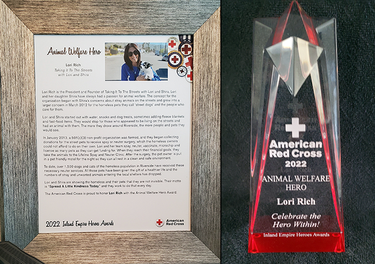 Lori Rich receives the Animal Welfare Hero Award from the American Red Cross Southern California Region